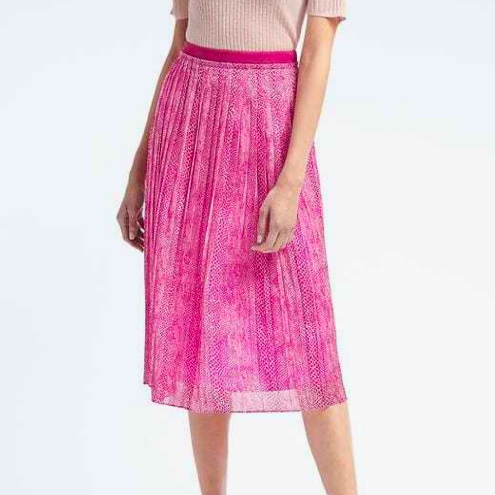 Banana Republic Snake-Print Pleated Midi Skirt, Polyester, Pink, Size 10